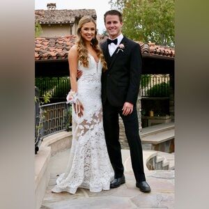 Jovani White Lace Evening Gown with Sheer Insets